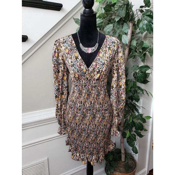 SHEIN Babydoll Dress Womens Large Multi Floral Flare Hem Smocked Deep V Neck - Picture 1 of 13